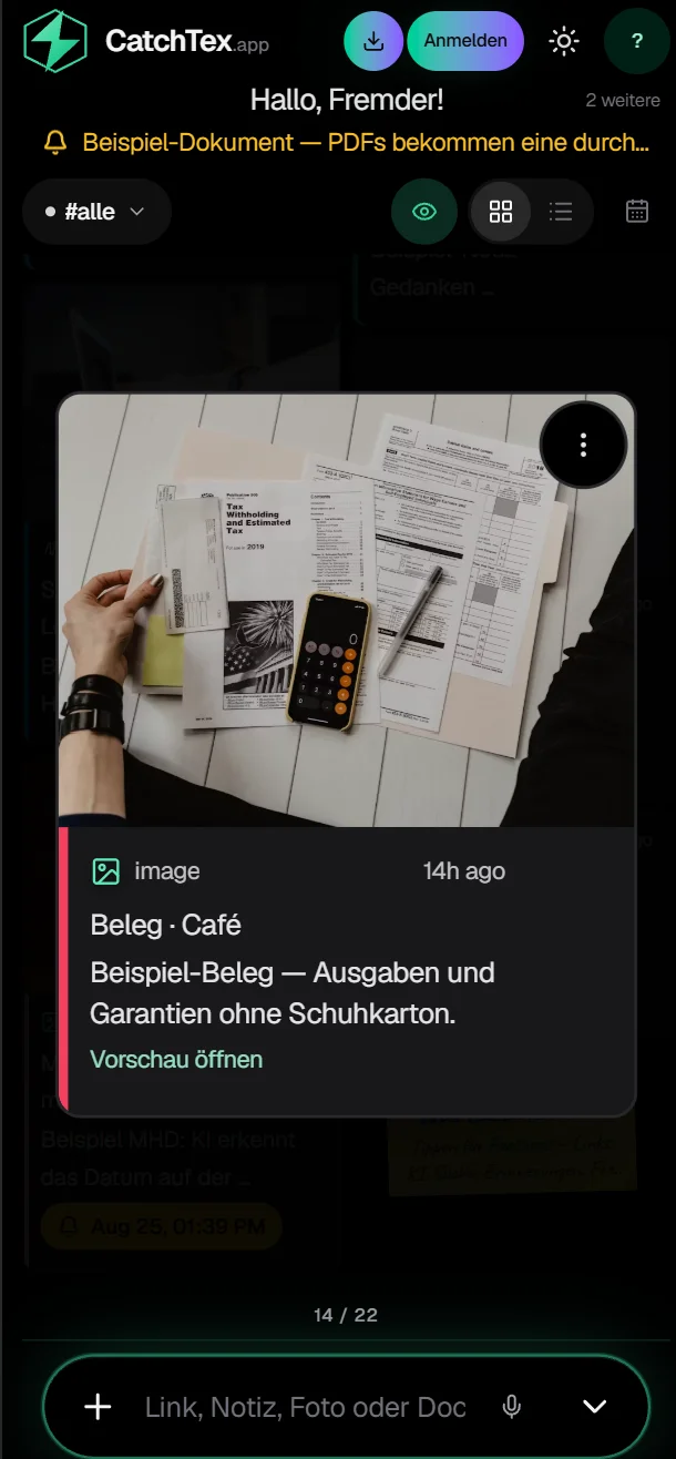 CatchTex mobile — receipt photo as a card with AI expiry hint