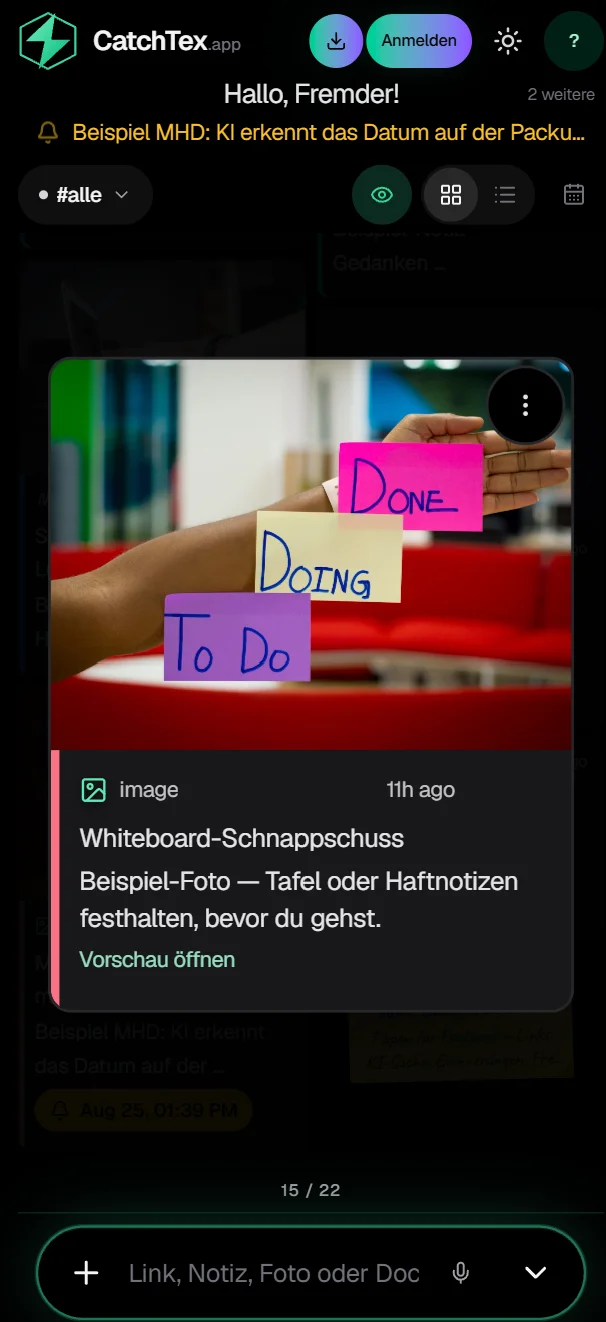 CatchTex on phone — enlarged card with whiteboard photo and reminder