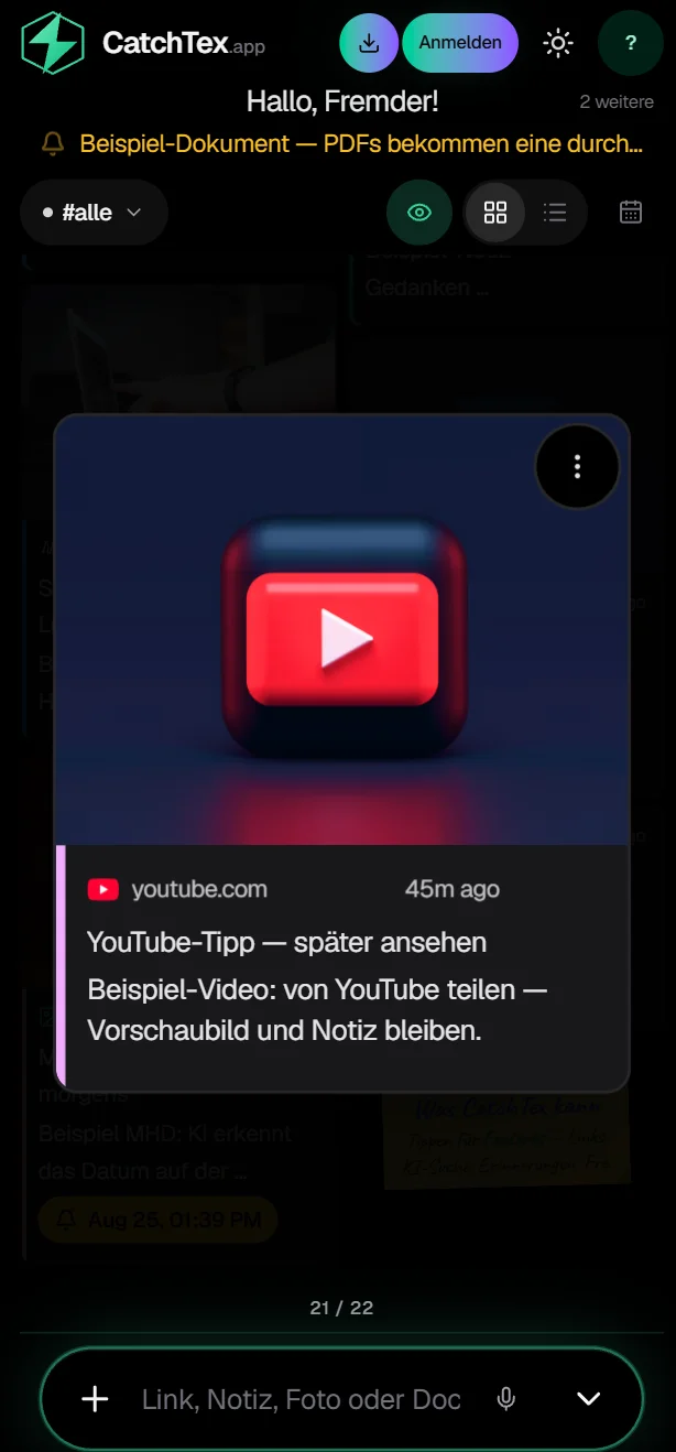 Save a YouTube link in CatchTex with preview image and note