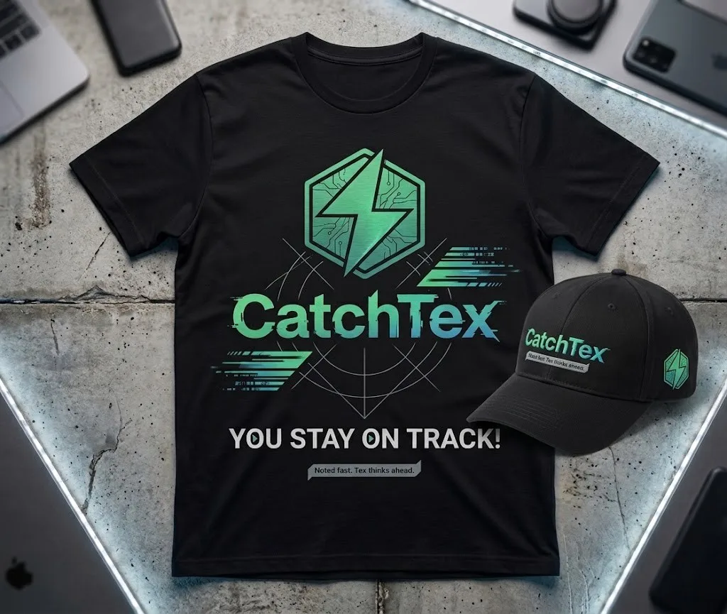CatchTex T-shirt and cap — hex bolt, name, and You stay on track!