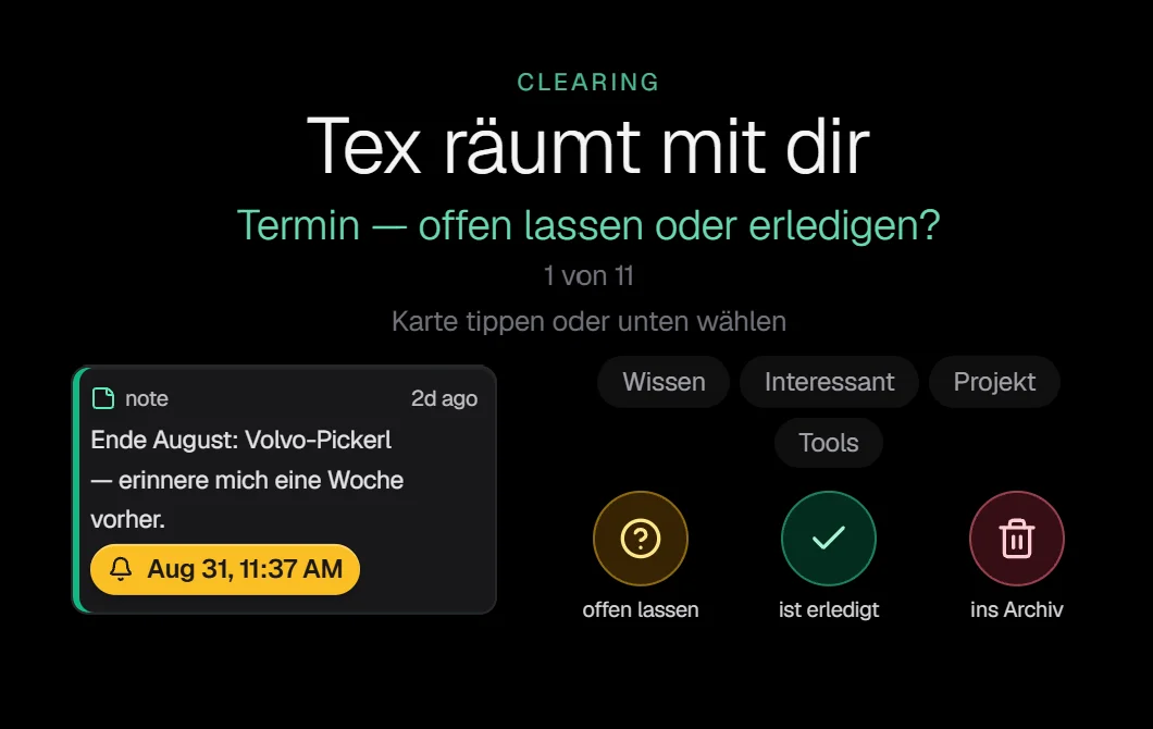 CatchTex Clearing — Tex triages cards with reminder, category, and archive